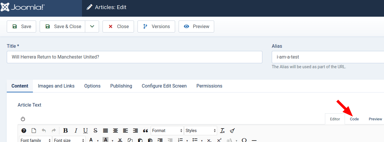 in Joomla 5 in jce editor click the code tab