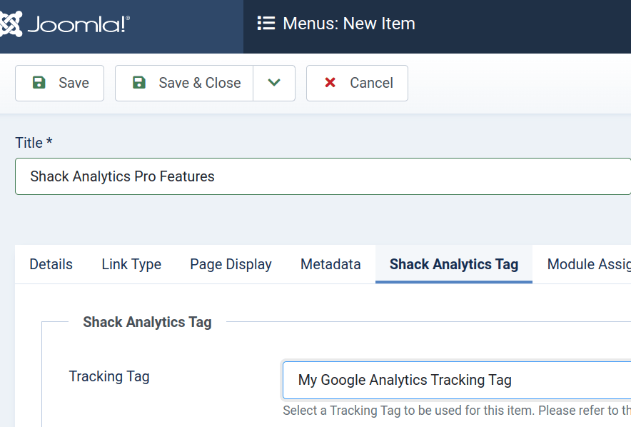 menu item with a shack analytics tracking tag