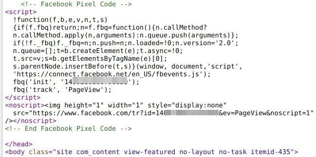 facebook pixel code in the html header