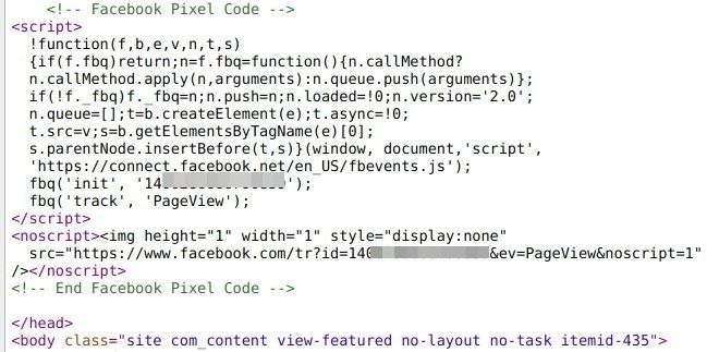 facebook pixel code in the html header
