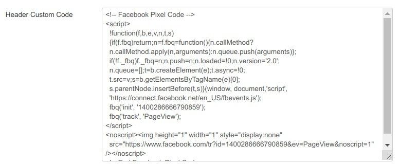 facebook pixel code in the header custom code field