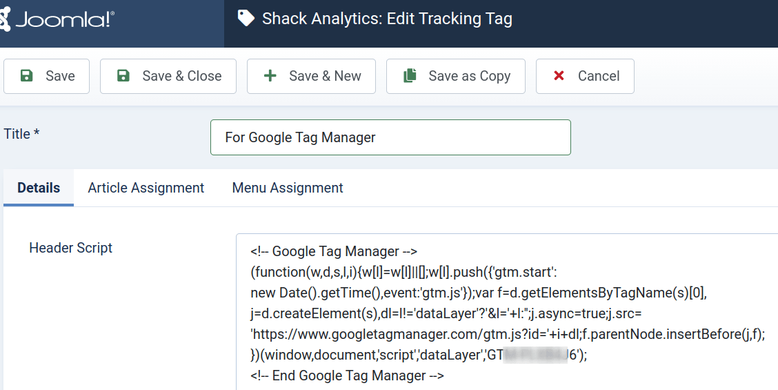 the google tag manager tracking code in the header script box