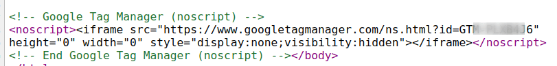 the google tag manager tracking code at the bottom of joomla 4 html source code