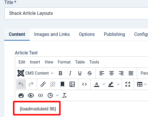 the module shortcode in a Joomla 5 article