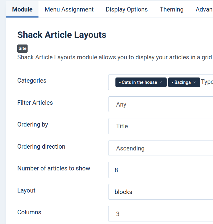 the settings of the module tab