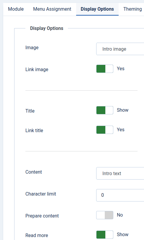 the display options