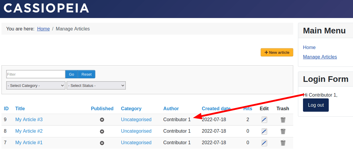 joomla user viewing their own articles