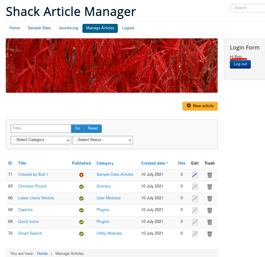 joomla user viewing their own articles