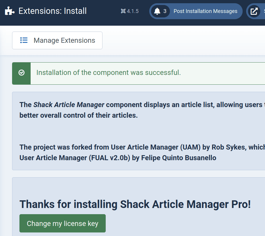 shack article manager successfully installed