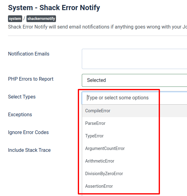 options for the types of php errors to report