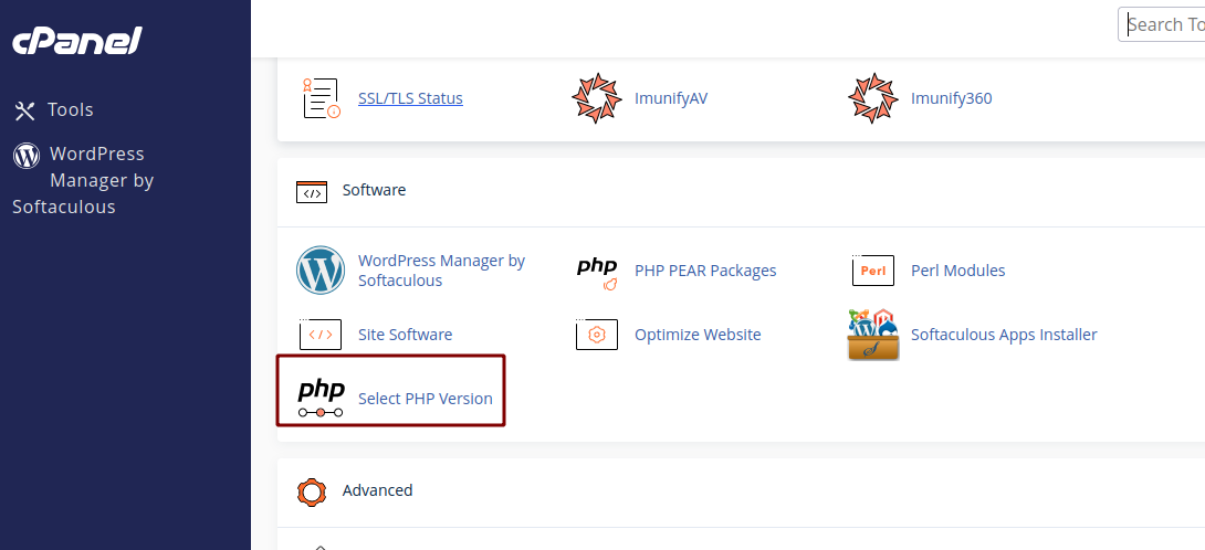 the select php version link