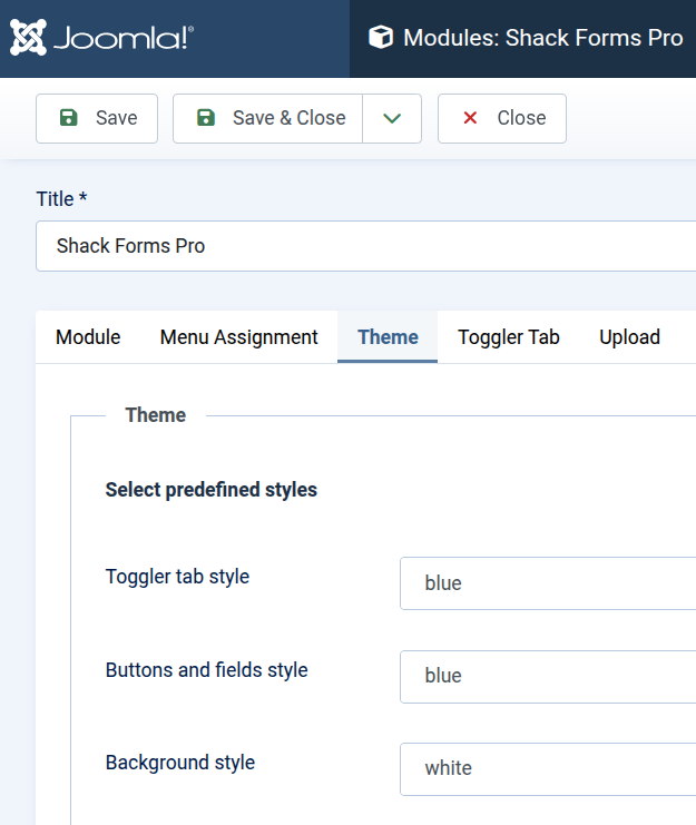 Shack Forms Pro Theme tab showing predefined styles for toggler, buttons, fields and background