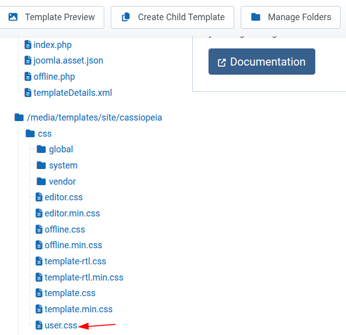Cassiopeia template editor showing the css folder and user.css file