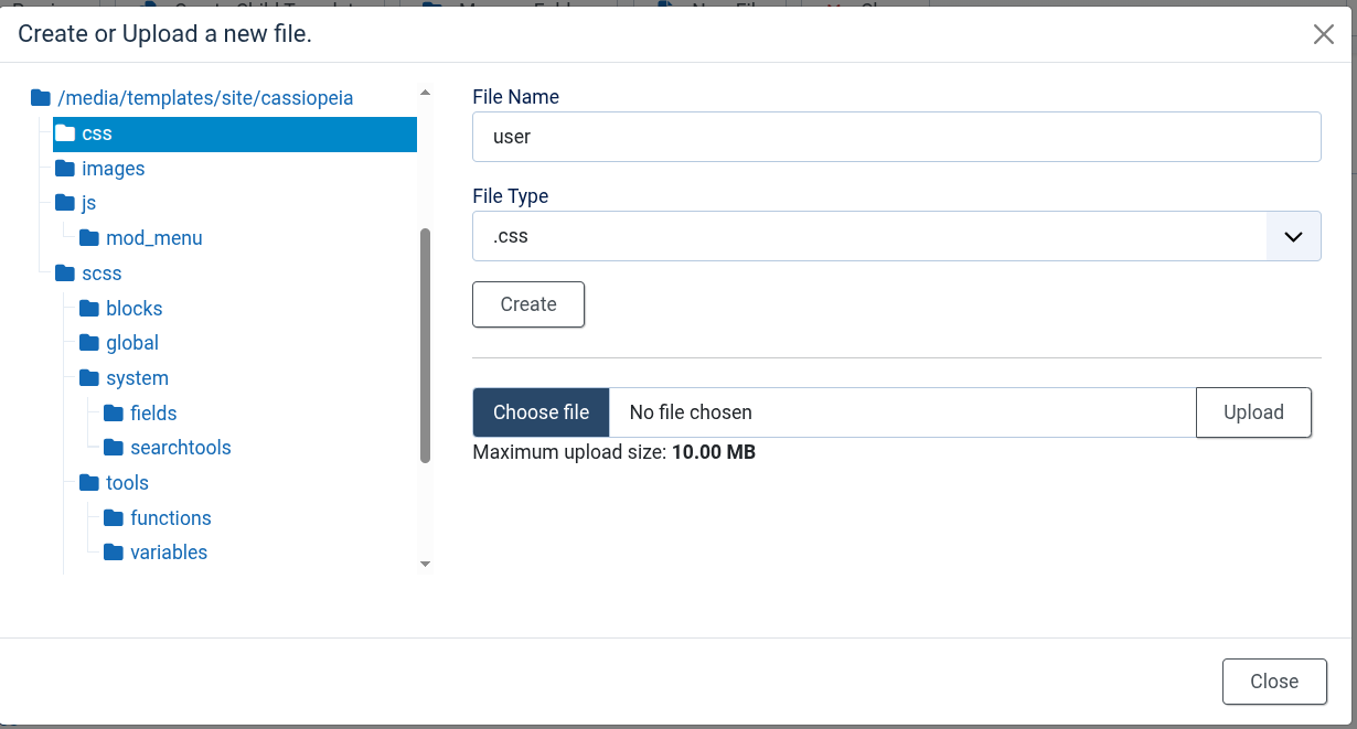 Joomla New File screen showing the css folder, user filename and CSS file type