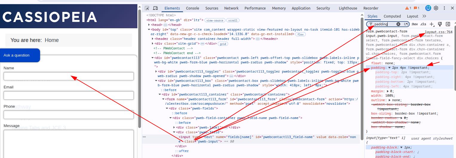 Chrome DevTools inspecting the Name input field in a Shack Forms Pro contact form
