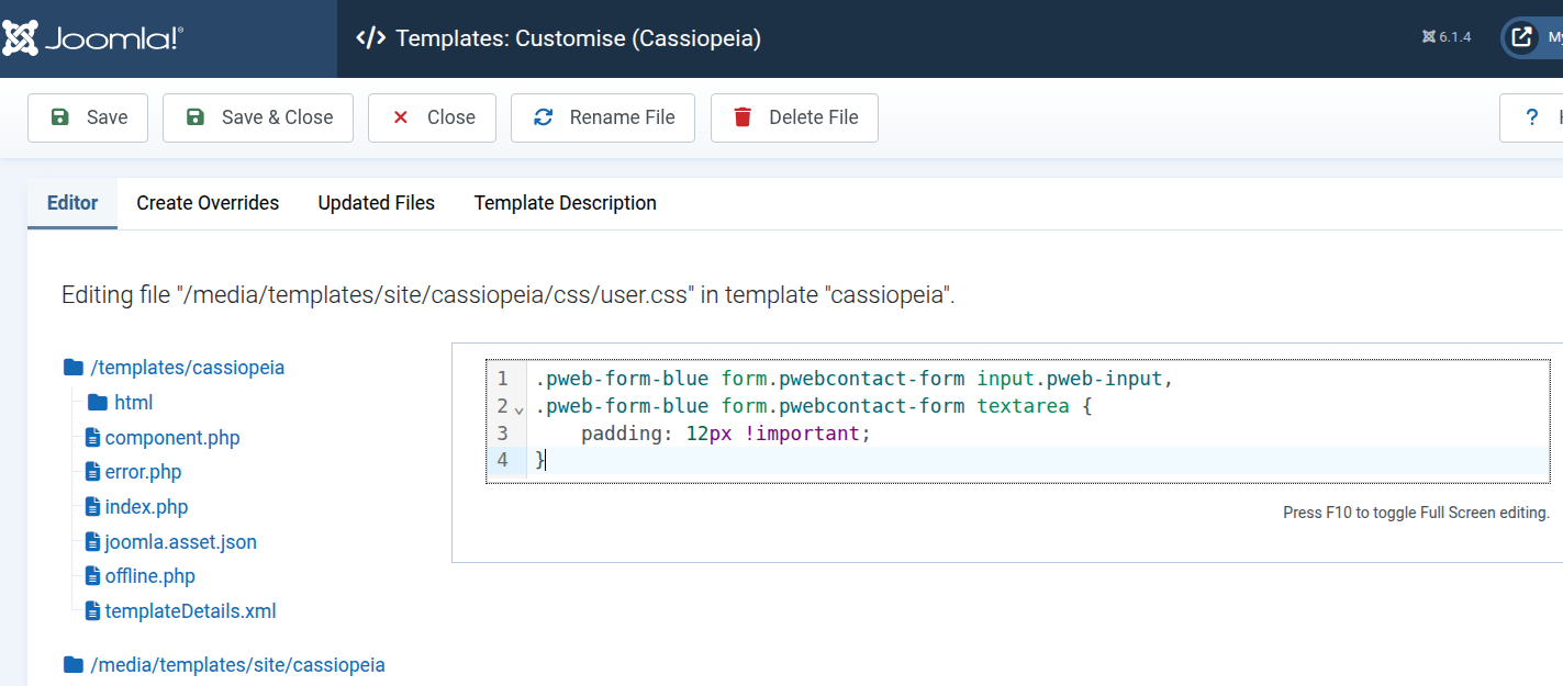 Cassiopeia user.css editor showing a custom 12-pixel padding rule for Shack Forms Pro