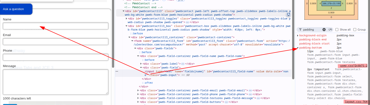 Chrome DevTools showing the custom padding overridden by an important rule in layout.css