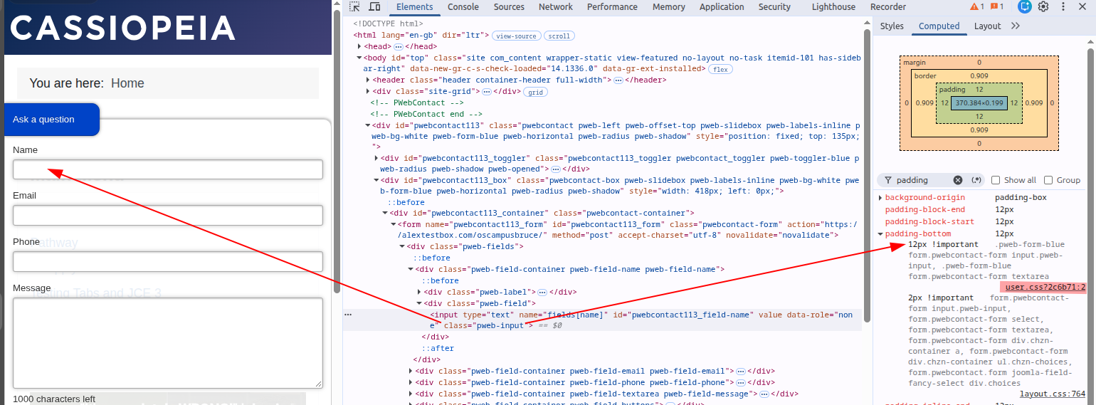 Chrome DevTools Computed panel confirming 12-pixel padding from user.css