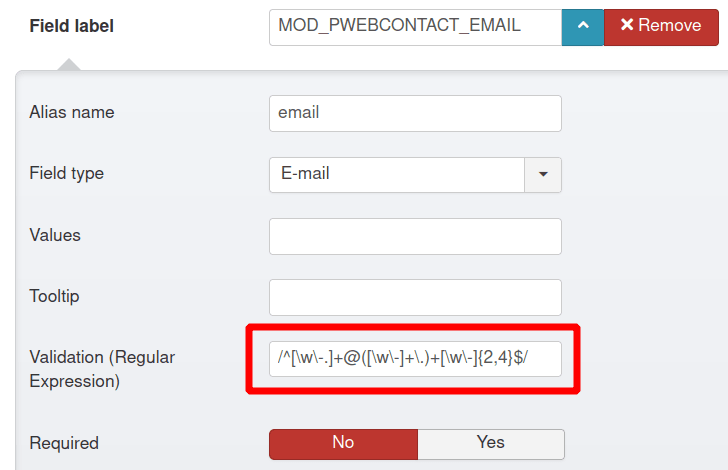 the email address validation field populated