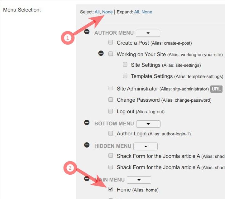 click none and then check the home checkbox