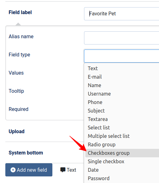 the checkboxes group option