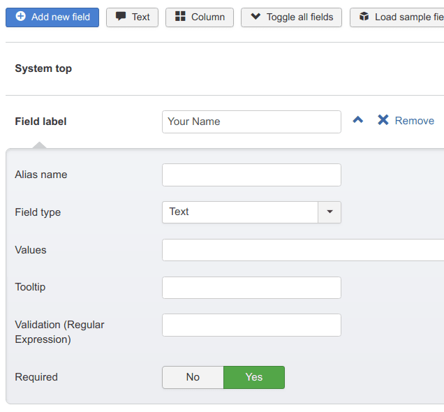 Your Name field settings for a Joomla Contact Form