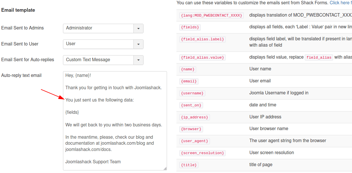 custom text with some email variables