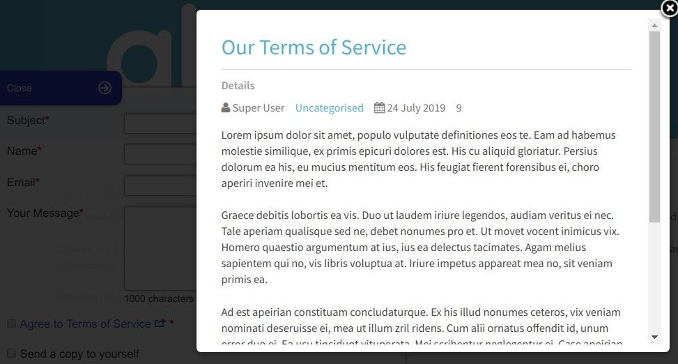 02 modal box with the text of terms of service