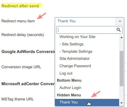 set the redirect to thank you menu item