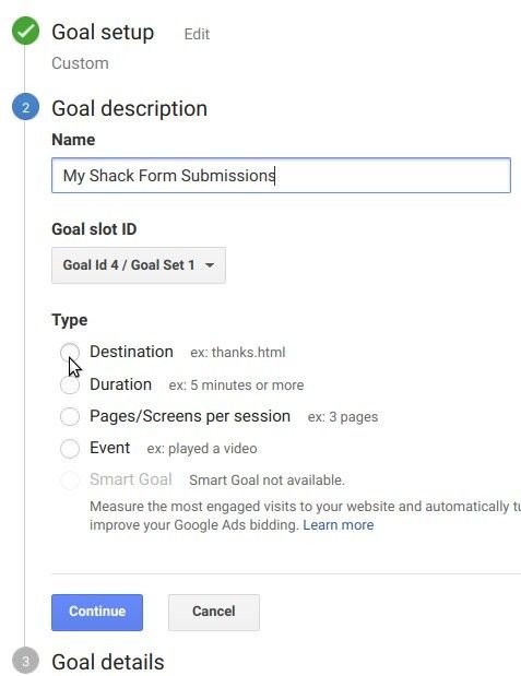 enter goal descriptions click destination click continue