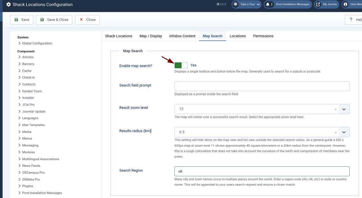the enable map search and other search-related parameters
