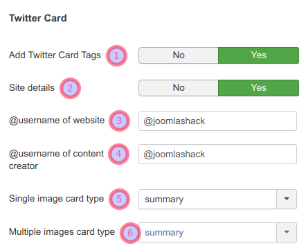 twitter card group of settings