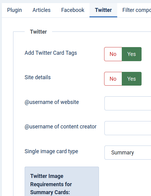 the twitter card settings