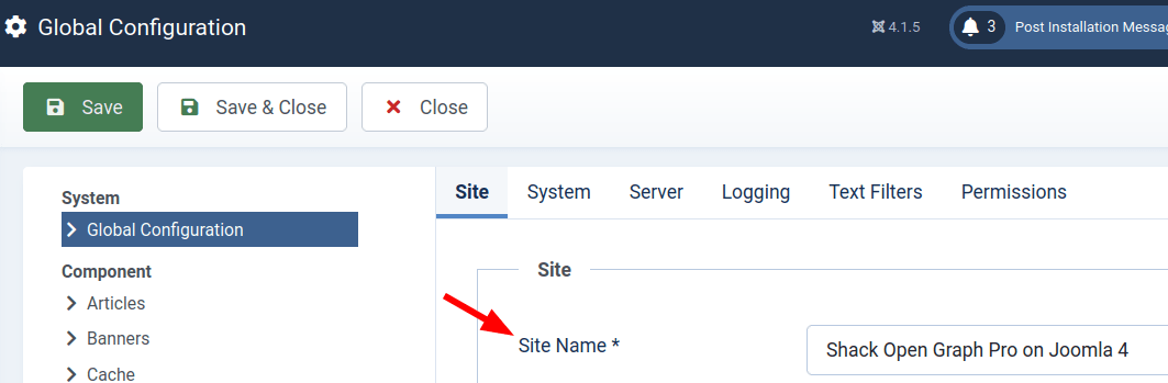 the site name in the global configuration