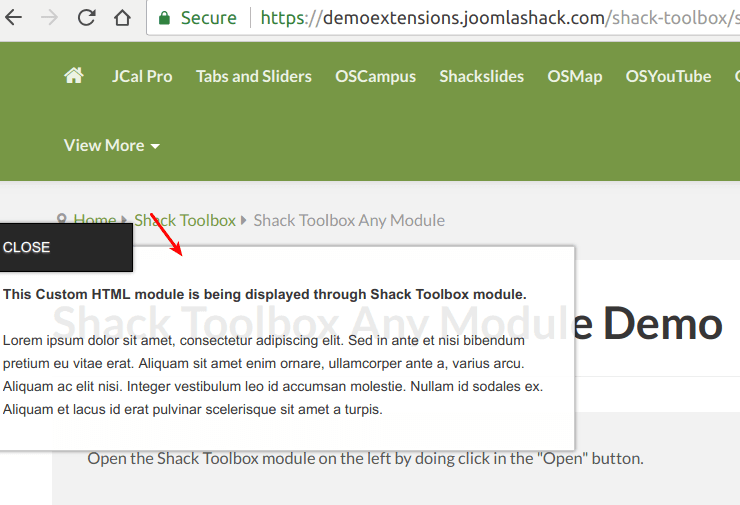 Selected module inside Shack Toolbox popup
