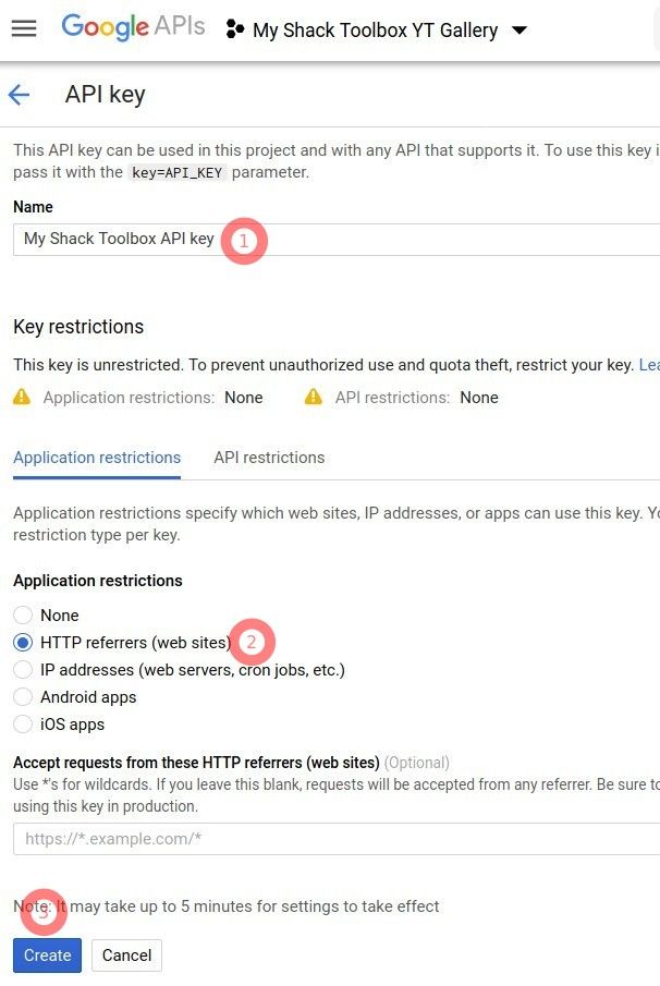 enter api name click http referrers click create