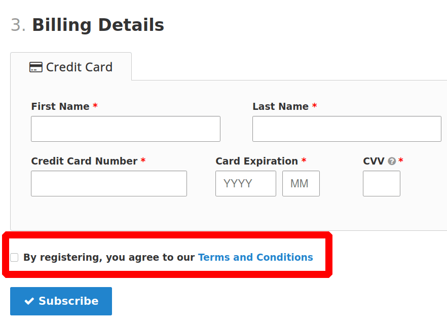 agree with terms and conditions of subscription checkbox