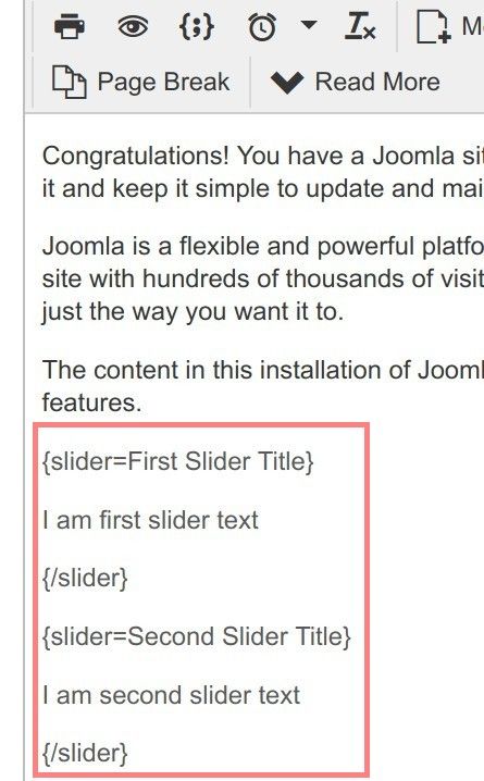 how to embed a slider tags in Joomla article