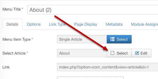 Selecting a Joomla article inside a menu link