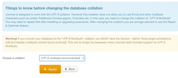 The Apply button to change Joomla's database collation