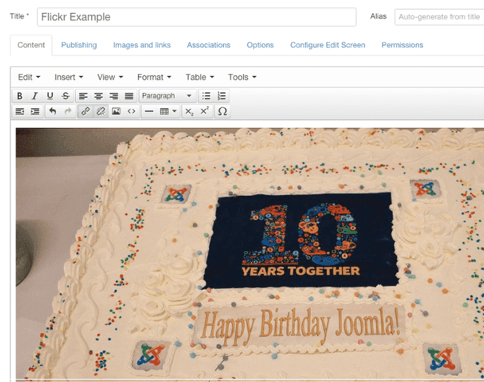 A flickr image inside a Joomla article in the admin