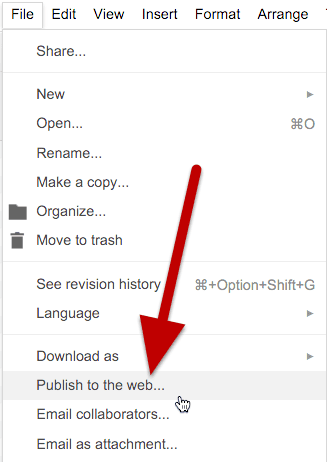 The File Menu and Publish to the web link in Google Drawings