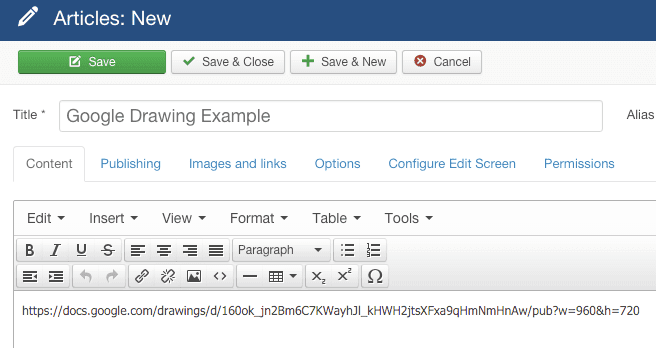 A Google Drawing link in a Joomla article