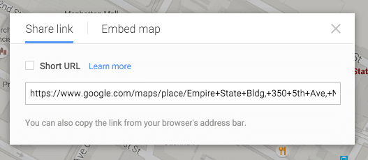 Copying the share link for Google Maps
