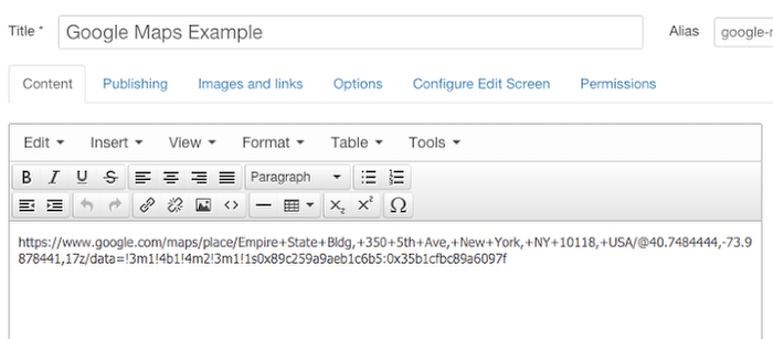 Pasting a Google Maps link into Joomla