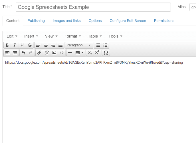 A Google Sheets link inside a Joomla article