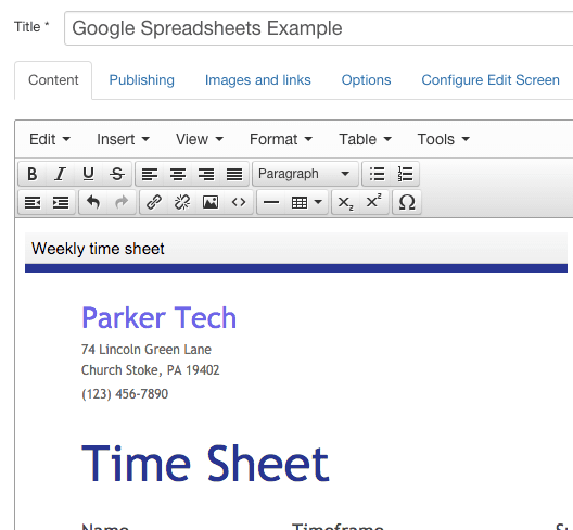 spreadsheet in the Joomla admin