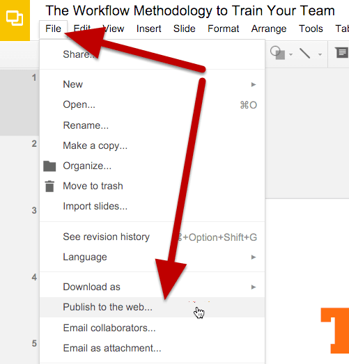 clicking Publish to Web on a Google Slides presentation