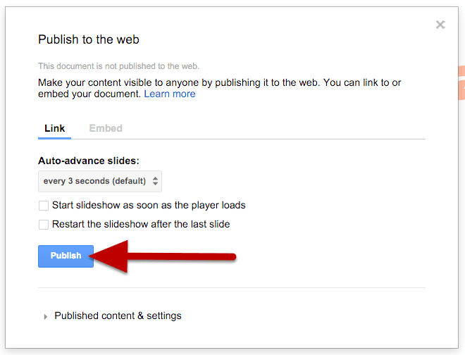 Clicking Publish on a Google Slides presentation