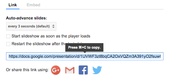 The link to publish a Google Slides presentation